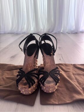 Gucci Black Strappy Cork Platform Wedges with Gold Studs